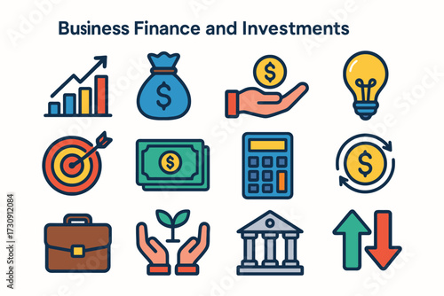 Collection of business finance and investments icons representing growth money and success