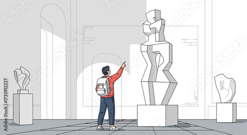 Illustration of a tourist admiring a modern sculpture in an art museum gallery with geometric