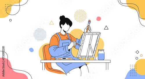 Illustration of a woman artist painting on canvas with brushes in a creative studio and abstract