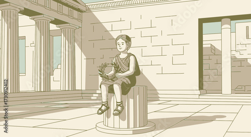 Illustration of a young man in ancient Greek attire seated holding laurel wreath and ancient columns