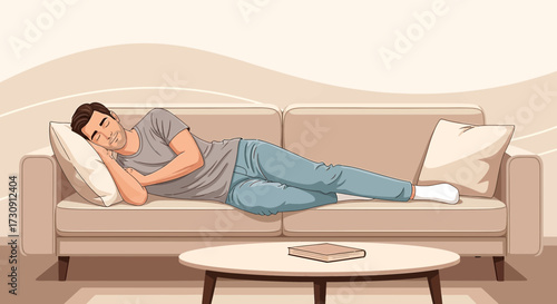 Illustration of a Young Man Relaxing on a Sofa with a Book During the Day