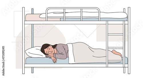 Illustration of a young woman sleeping soundly in a bunk bed in simple colors and lines