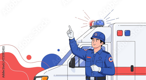 Illustration of paramedic pointing upwards in front of ambulance with beacon lights