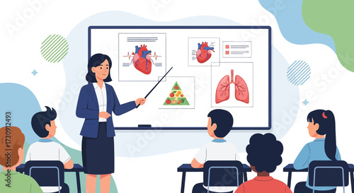 Illustration of teacher explaining human biology to students in a classroom setting promoting
