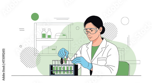 Illustrative depiction of a scientist working in a lab with test tubes and equipment
