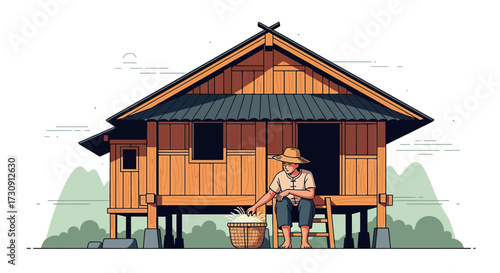Illustrative depiction of rural life featuring a farmer's home in a serene landscape
