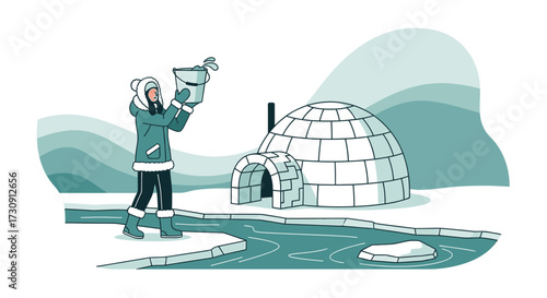 Illustrative scene depicts igloo construction with woman carrying water bucket in winter landscape
