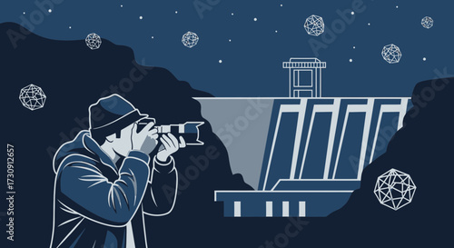 Illustrative scene of a photographer capturing an abstract landscape at night highlighting