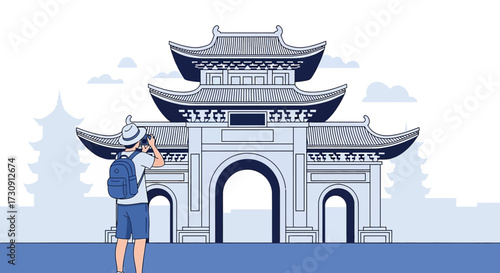Illustrative scene of a tourist photographing a traditional Vietnamese gate with pagoda background