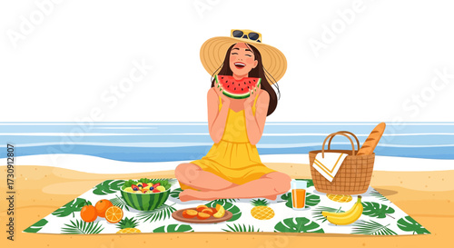 Joyful woman enjoying a refreshing beach picnic with fresh fruits under the sun light