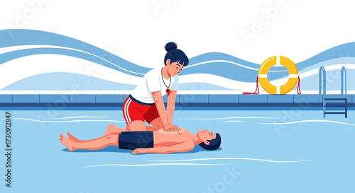 Lifeguard Performing CPR on a Drowning Victim by the Poolside in Emergency Situation