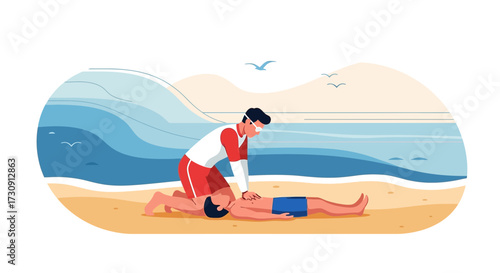 Lifeguard performing CPR on a person on the beach showing safety and emergency response measures