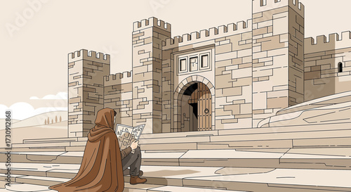 Lost traveler with map outside medieval castle in an adventure seeking quest