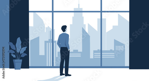 Man contemplates cityscape through office window symbolizing ambition and vision