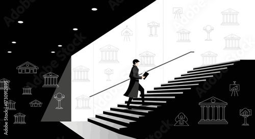 Man ascends staircase symbolizing legal journey toward justice and opportunity