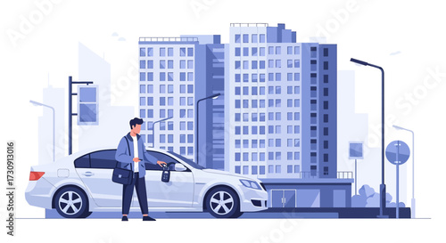 Man unlocks his car near urban apartment complex, enjoying city living and convenience