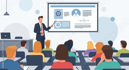 Medical Education Vector Illustration Featuring a Lecturer and Engaged Medical Students