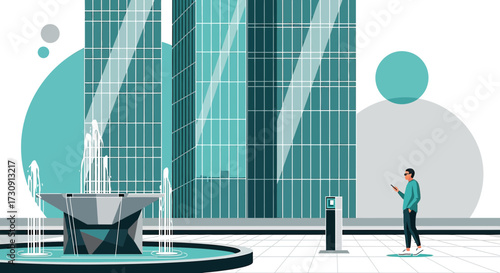 Modern urban scene with high-rise buildings fountain and a man using his phone in a plaza