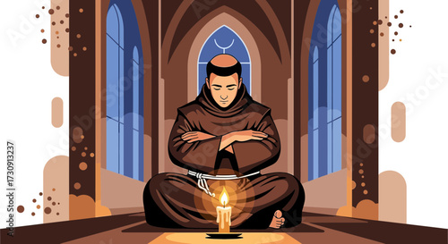Monk in Meditation Sitting Before a Candle in a Monastery Setting with Calm Atmosphere