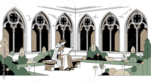 Monk reading in cloister garden illustration with gothic windows and geometric trees