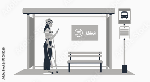 Monochromatic illustration of woman with crutches at a bus stop while using smartphone
