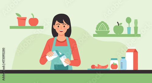 Mother preparing baby formula cartoon illustration showcasing infant nutrition and care in a