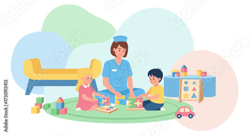 Nurse overseeing children playing with toys, creating a nurturing learning environment, promoting