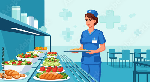 Nurse selects food in a hospital cafeteria with salad bar and various healthy options