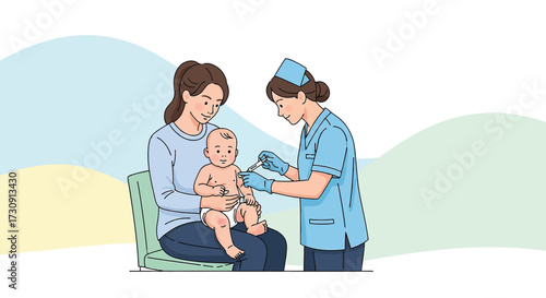 Nurse administering vaccine to baby held by mother in clinic setting vaccination concept