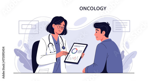 Oncologist explaining test results to patient with medical chart illustration