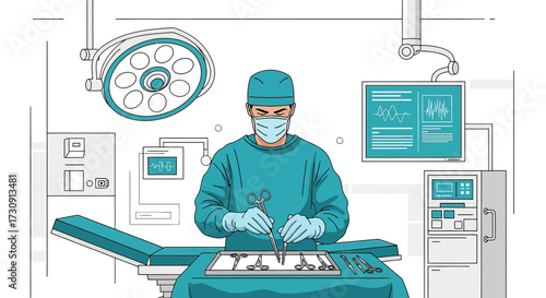 Operating room scene depicting a surgeon preparing for operation with medical tools on tray
