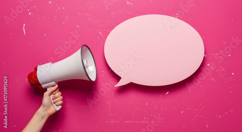 Megaphone and Speech Bubble on Pink Background - Communication Concept
