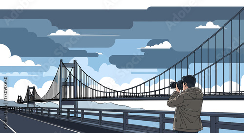 Photographer capturing a majestic suspension bridge against a cloudy sky vista view