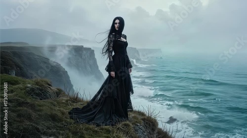 beautiful young goth woman staring at sea AI generated