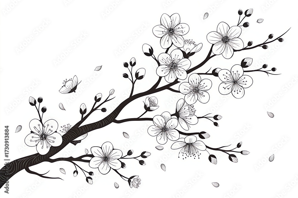Naklejka premium branch of cherry blossom , -black-and-white-vector-cherry-blossom-branch-with- , flower, branch, spring, vector, nature, design.