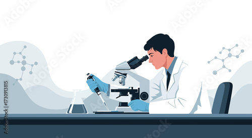 Scientist conducting research with microscope and pipette in a laboratory setting
