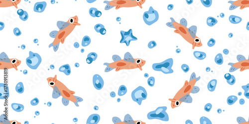 Seamless Cartoon Fish Pattern. Cartoon fish seamless pattern in flat style with bubbles and starfish on white background. Decorative design for packaging, textile, wallpaper and children products.