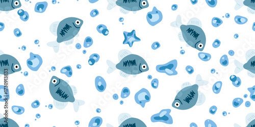 Seamless Blue Fish Pattern. Blue fish seamless pattern in cartoon flat style with bubbles and starfish on white background. Decorative design for packaging, textile, wallpaper and children products.