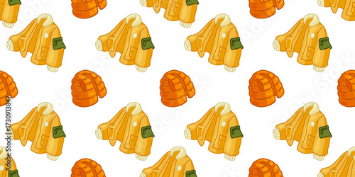 Seamless Jacket Vest Pattern. Cartoon seamless pattern in flat style with yellow jackets and orange vests on white background.