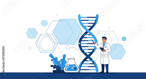 Scientist Explaining DNA Structure with Modern Science and Medical Research Concept Illustration