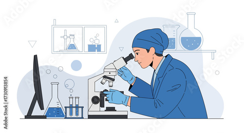 Scientist in laboratory analyzing samples through microscope for medical research or scientific