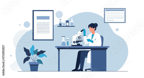 Scientist working in laboratory with microscope in vector illustration study and research in