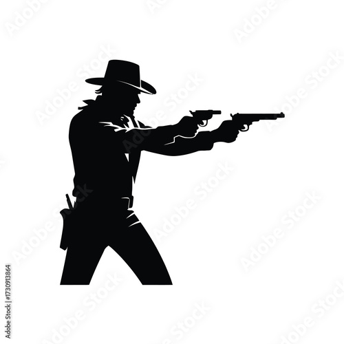 Silhouette of a cowboy aiming two pistols ready for a showdown