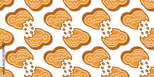 Seamless Gingerbread Cup Pattern. Gingerbread cookie seamless pattern in cartoon flat style with cup shapes and bitten edges on white background.