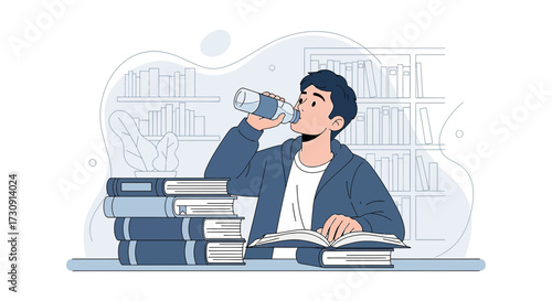 Student taking a break from studying and drinking water in the library for hydration and refreshment