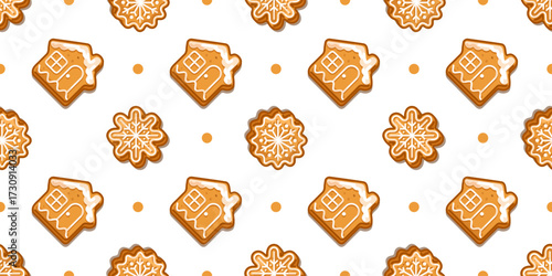 Seamless Gingerbread House Pattern. Gingerbread cookie seamless pattern in cartoon flat style with house and snowflake shapes on white background.