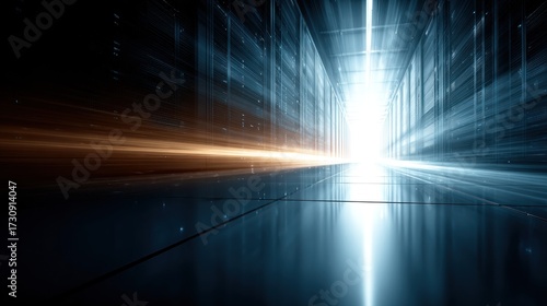 Light beams illuminating a futuristic corridor with a glowing exit