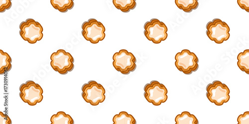 Seamless Gingerbread Round Pattern. Gingerbread cookie seamless pattern in cartoon flat style with round shapes and white icing on white background.