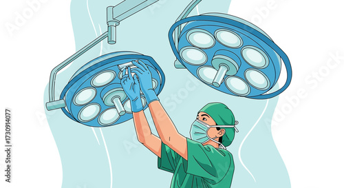 Surgeon Adjusting Surgical Lights in Operating Room Maintaining Sterile Environment Carefully