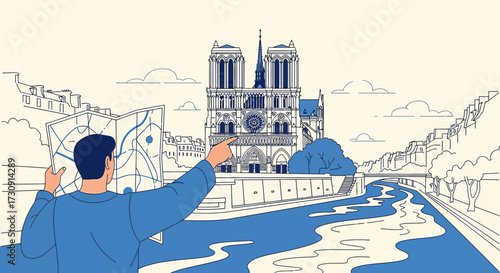 Traveler explores Paris landmarks with a map in hand and points towards Notre Dame Cathedral